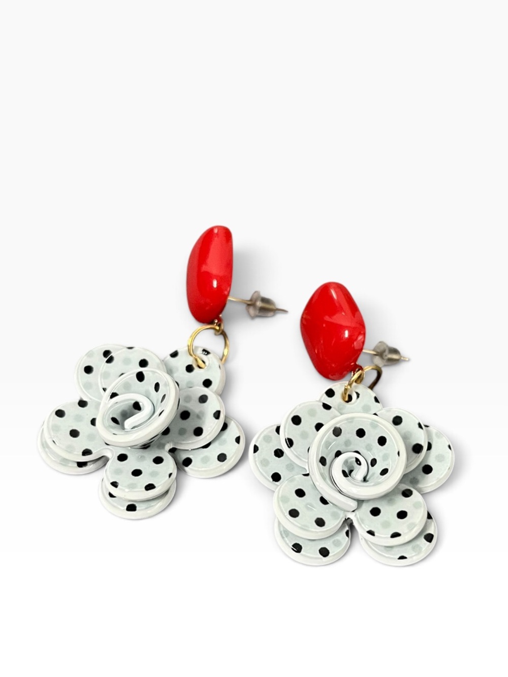 Polka Dot Floral Drop Earrings in Red and White
